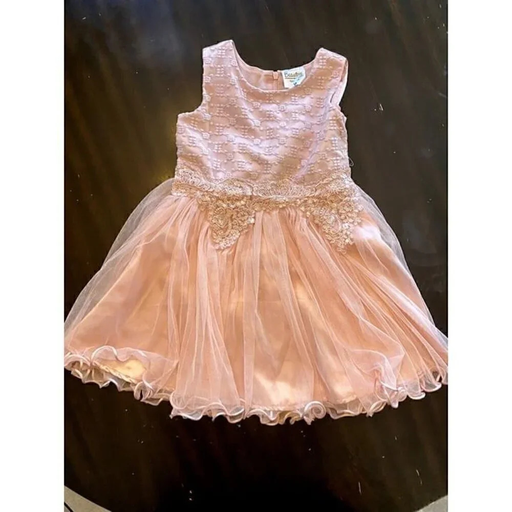 Beautees Girls Pink Floral Sleeveless Size 5 Party Dress Sheer‎ bow tie back